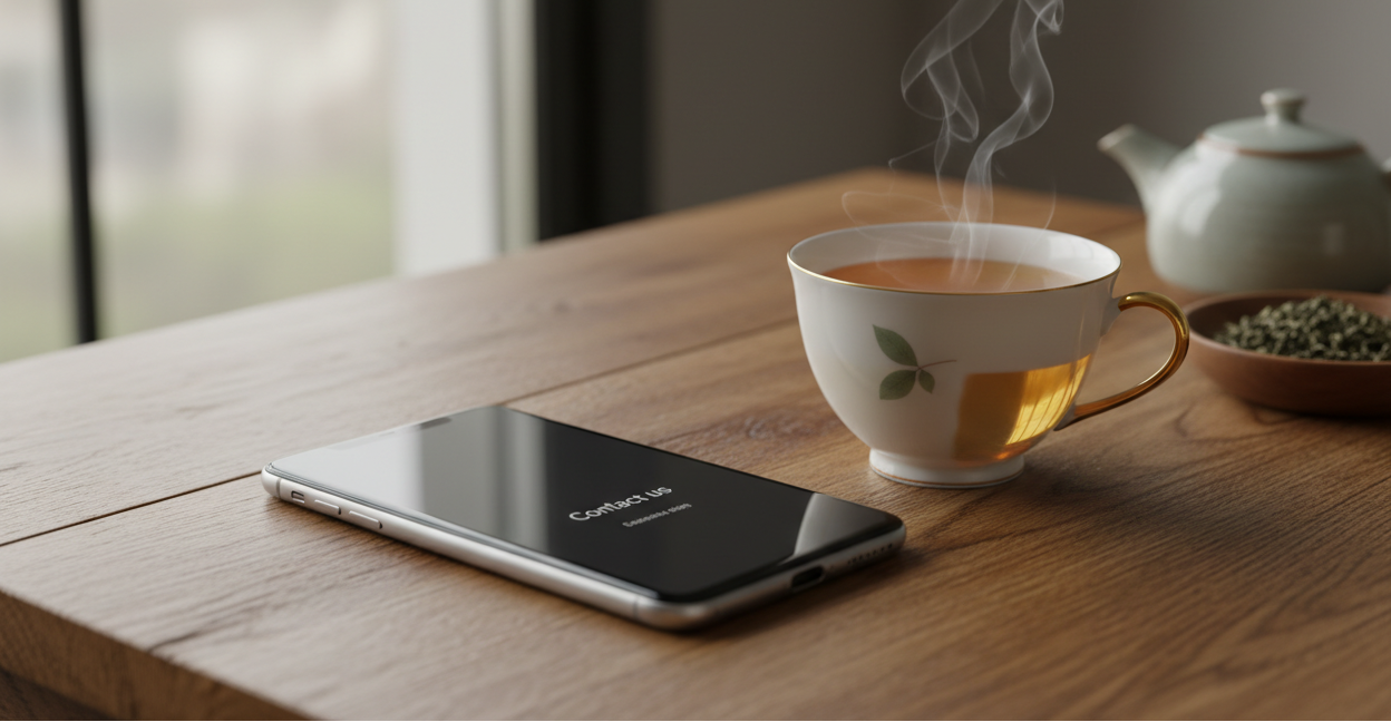 Créer une image qui reflète le contact, il pourrait y avoir un telephone poser sur une table à côté d'une tasse de thé pour mon entreprise de thé